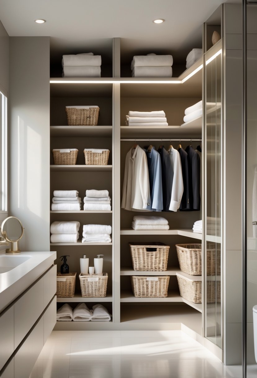 A bathroom with a walk-in closet featuring space-saving shelves neatly organized with towels and clothing.
