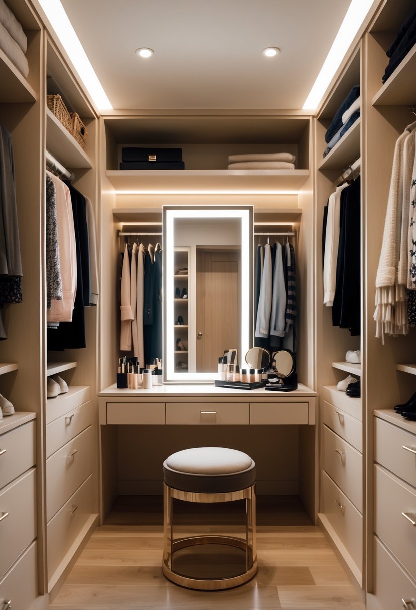 A separate vanity area with a mirror and stool inside a walk-in closet filled with clothes and shelves.