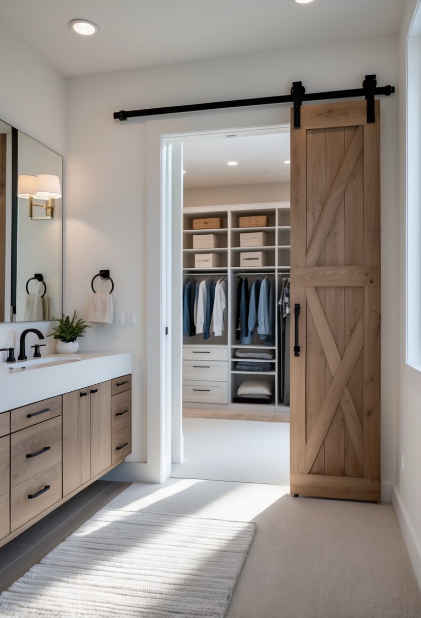A bathroom connected to a walk-in closet by partially open sliding barn doors.