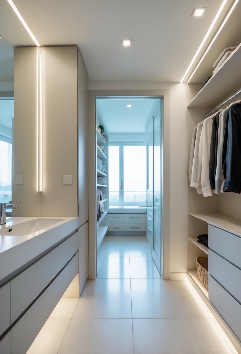 A bright bathroom with soft-close cabinets next to a walk-in closet with organized shelves and hanging clothes.