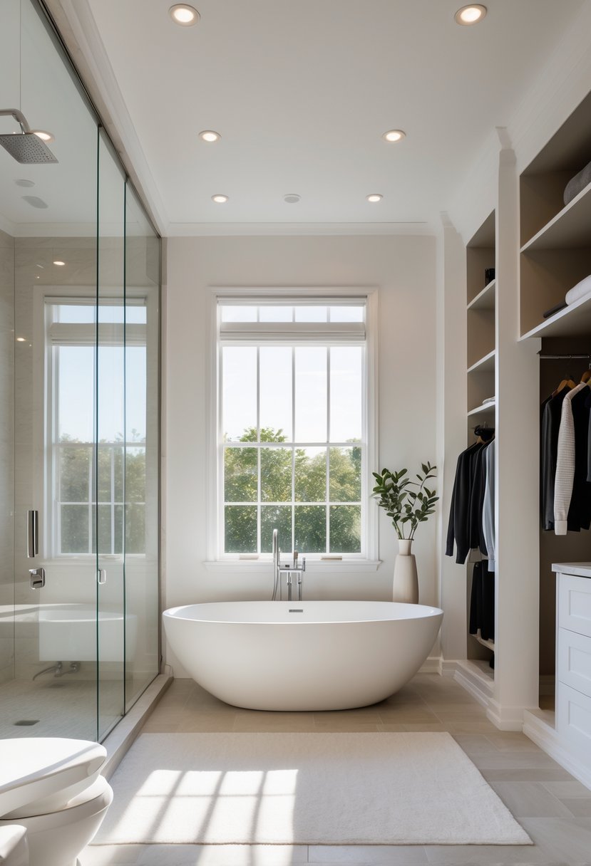 A bathroom with a large window next to a bathtub and a walk-in closet visible nearby.