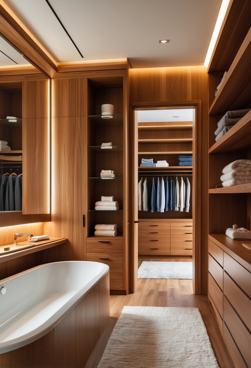 A bathroom with a freestanding bathtub and wooden vanity connected to a walk-in closet with wooden shelves and hanging clothes.