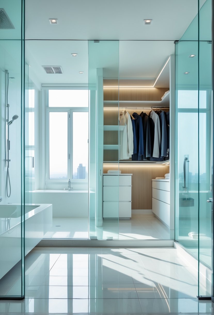 A modern bathroom with glass partitions revealing a walk-in closet with shelves and hanging clothes.