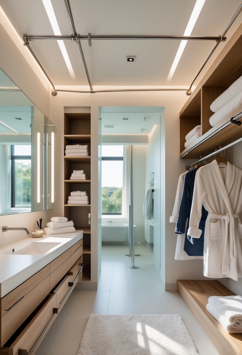 A bathroom with a walk-in closet featuring hanging rods at different heights holding clothes and organized shelves.