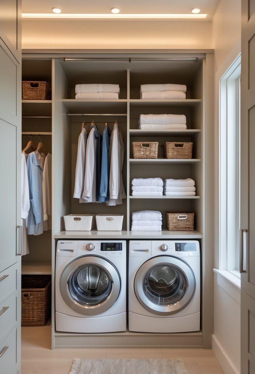 A walk-in closet with built-in washer and dryer, shelves with folded towels, hanging clothes, and organized storage.