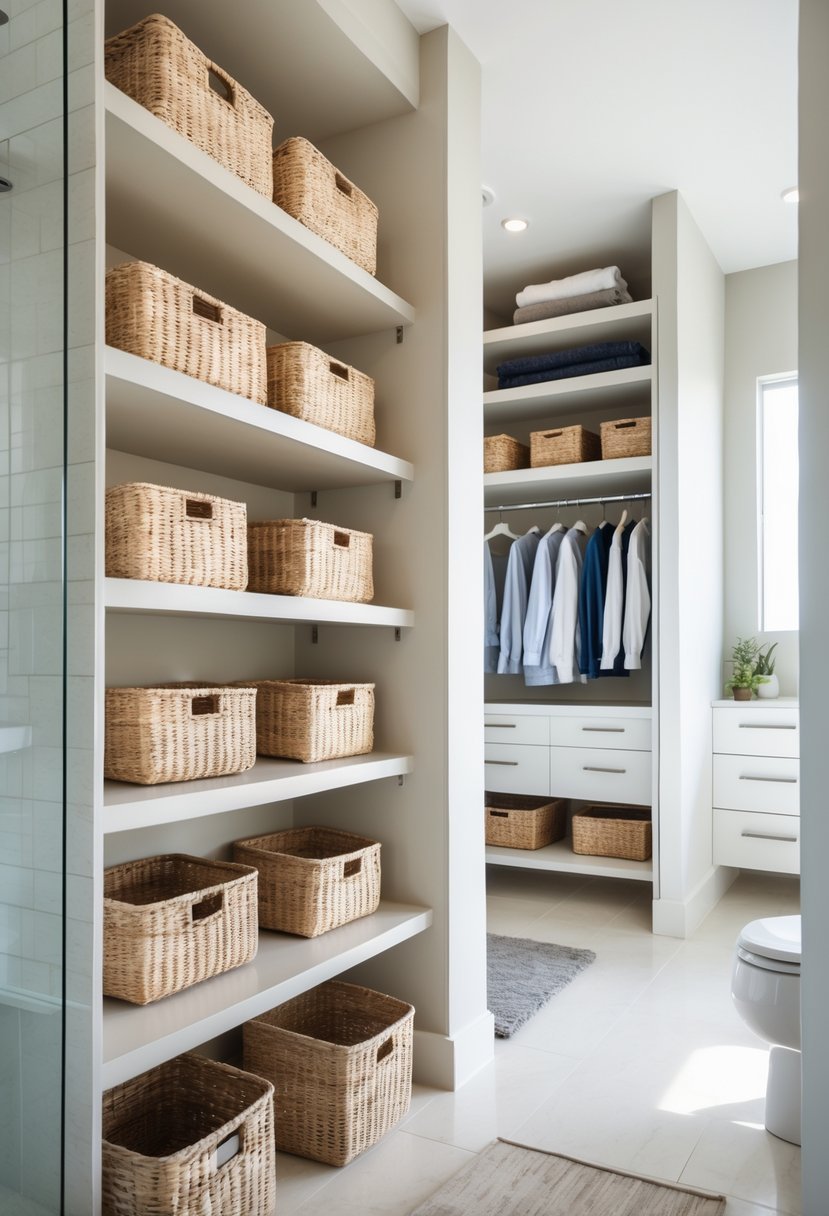 A bathroom with open shelving holding woven baskets next to a walk-in closet with organized clothes and storage.