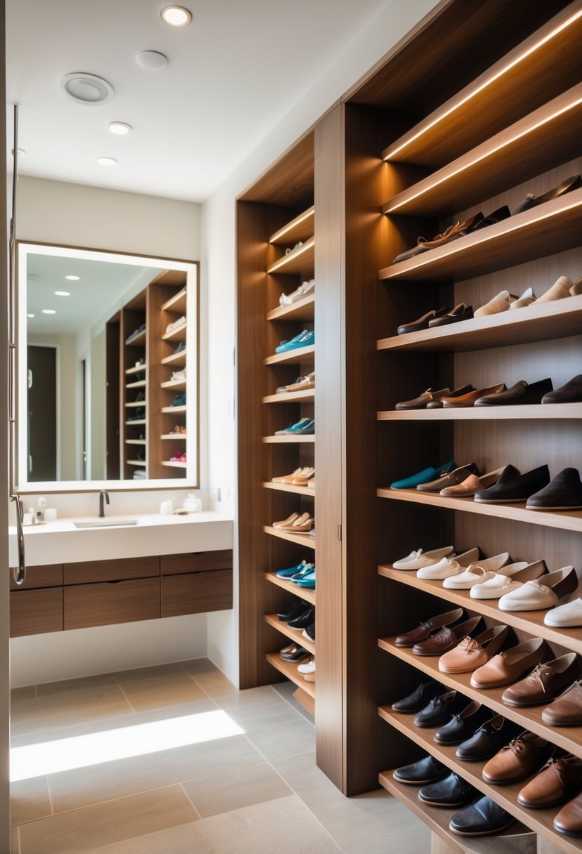 A bathroom with a walk-in closet featuring multi-level shoe racks filled with shoes.