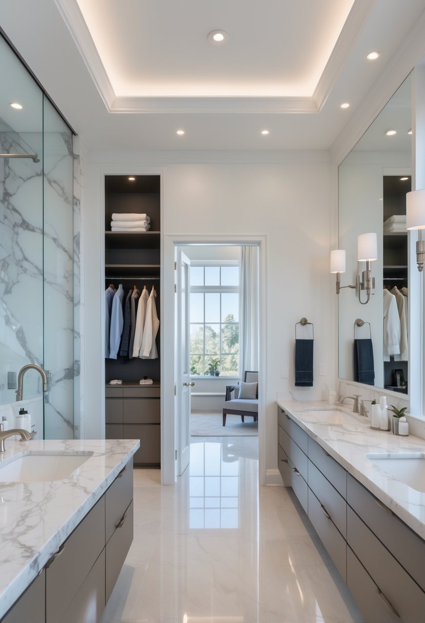 A spacious bathroom with marble countertops and a walk-in closet visible through an open door.