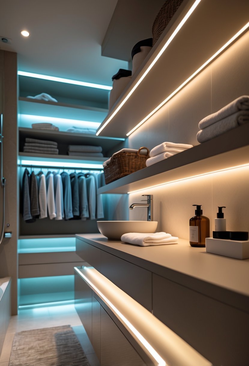 Modern bathroom with ambient LED strip lighting under shelves and a walk-in closet in the background.