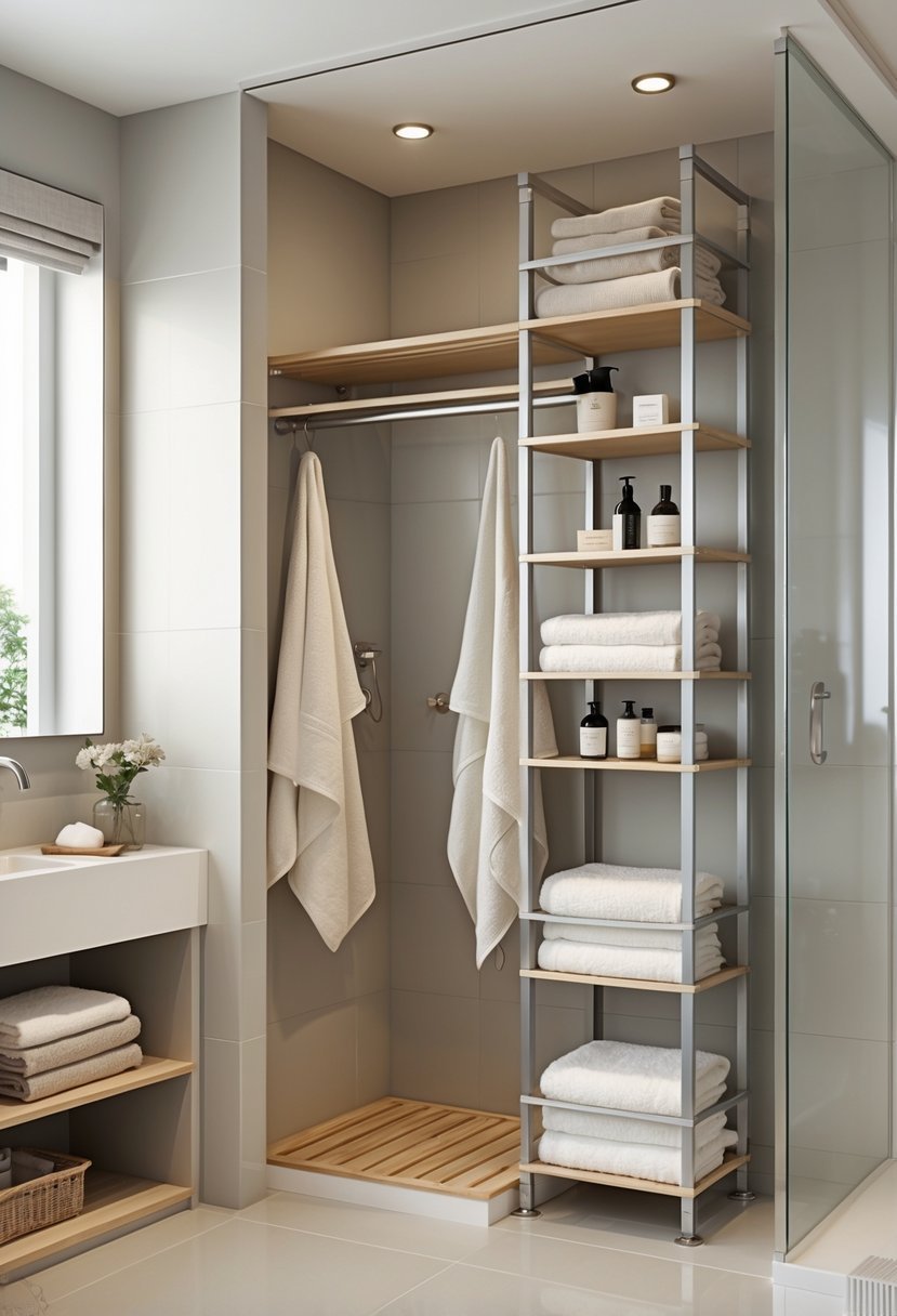 A bathroom with a walk-in closet area featuring freestanding racks holding towels and toiletries.