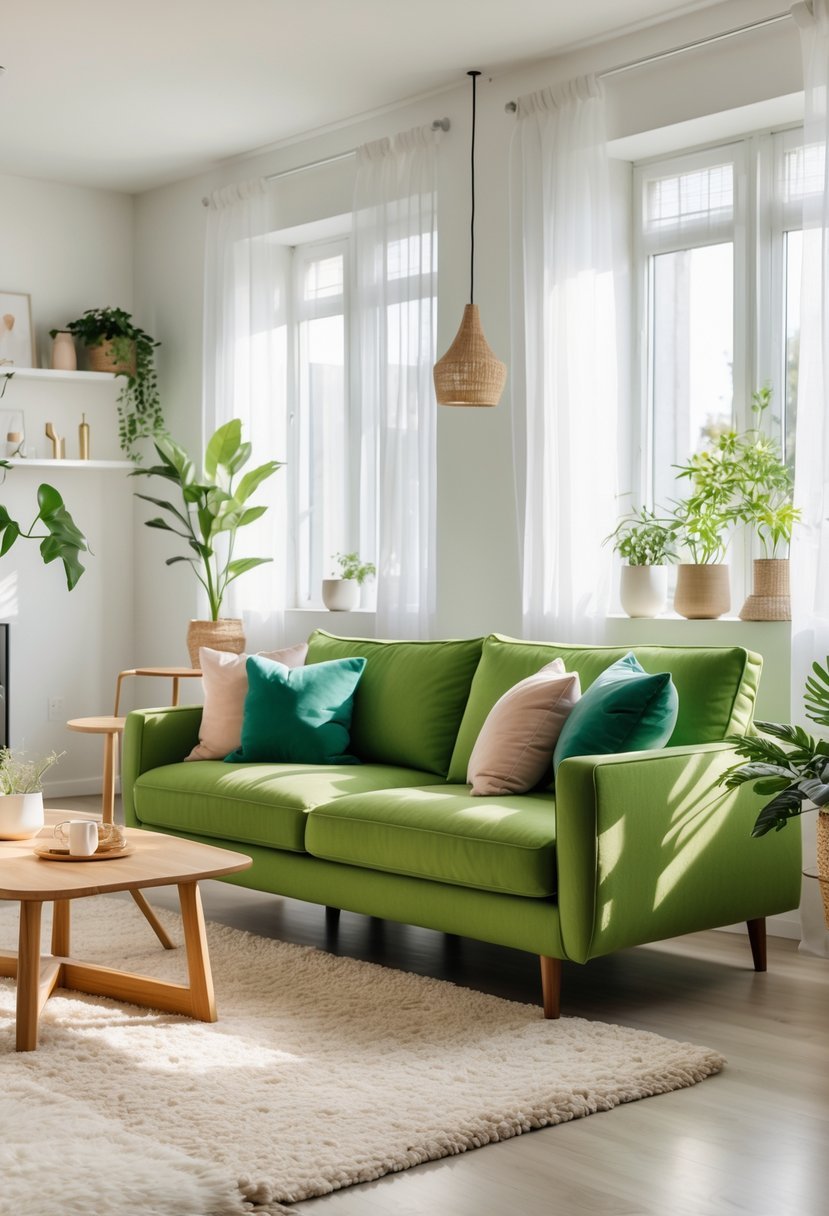 A living room with a green couch, coffee table, plants, and large windows letting in natural light.