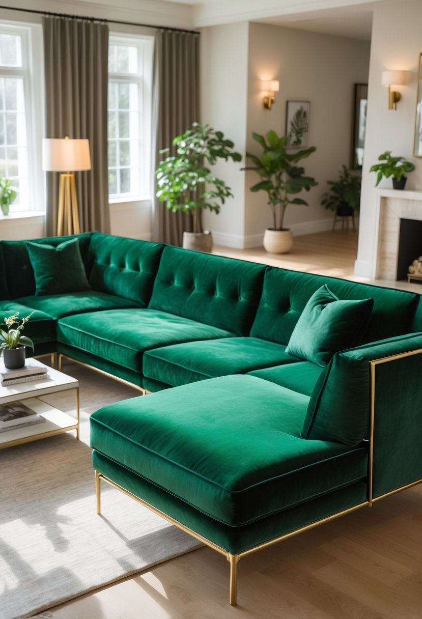 A living room with an emerald green velvet sectional sofa with brass legs, surrounded by plants and a coffee table.