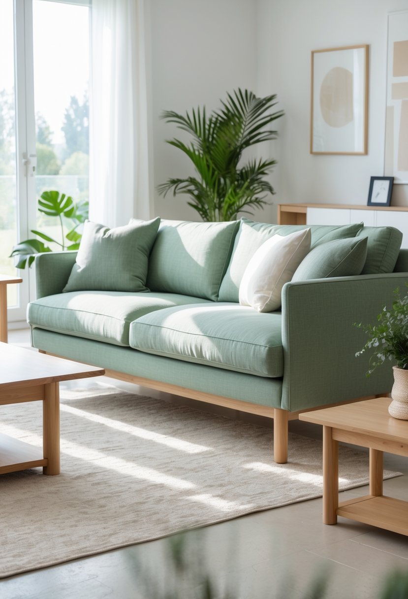 Living room with a sage green couch and light oak furniture, including a coffee table and side tables, with plants and soft lighting.
