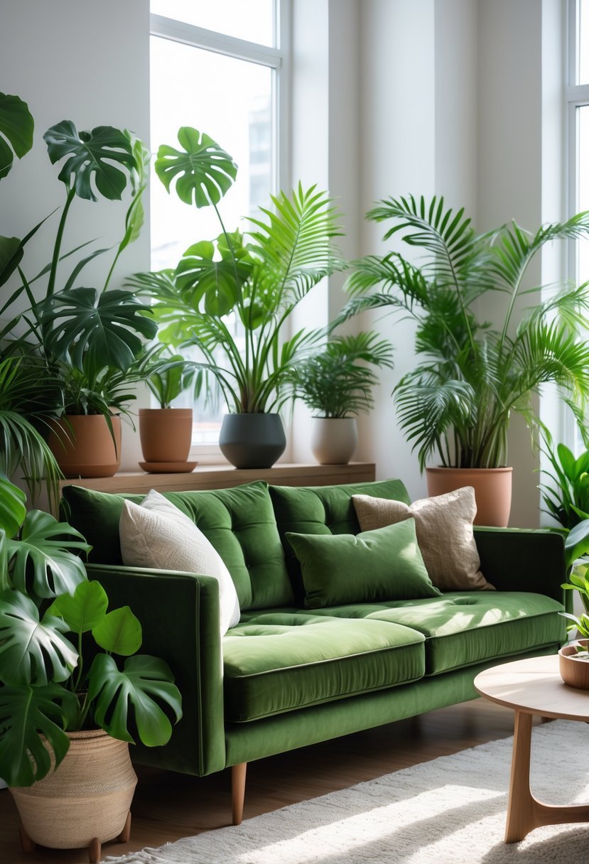 Living room with a moss green velvet sofa surrounded by various tropical plants.