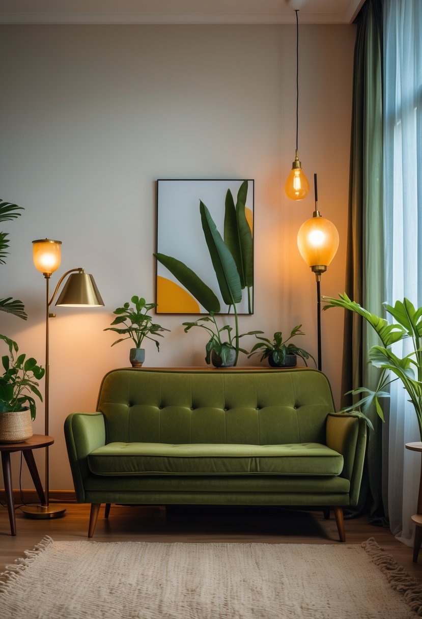 Living room with an olive green couch and vintage lamps providing warm lighting.