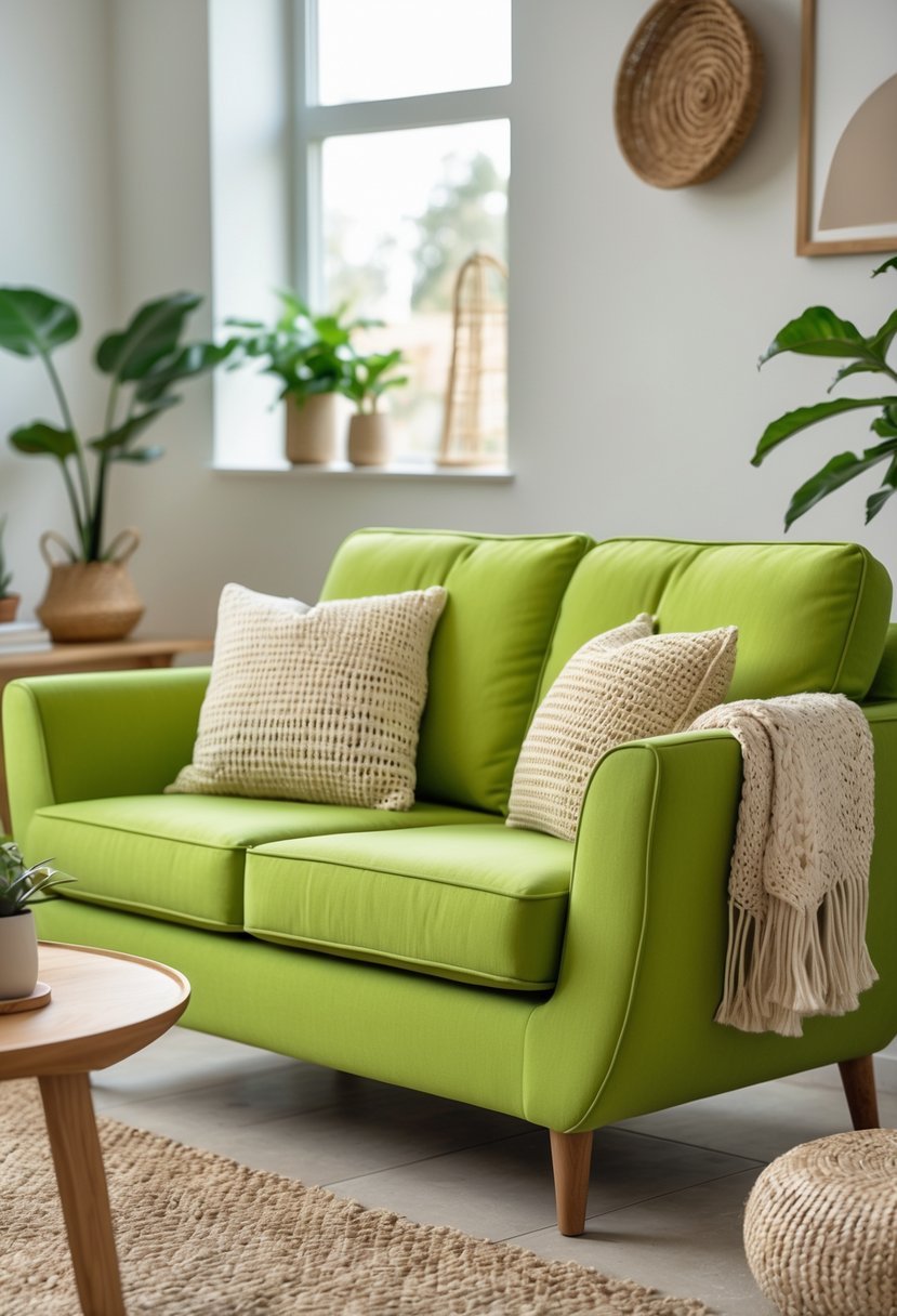 A living room with a chartreuse green loveseat decorated with woven pillows and a blanket, a wooden coffee table with a plant, and soft natural lighting.