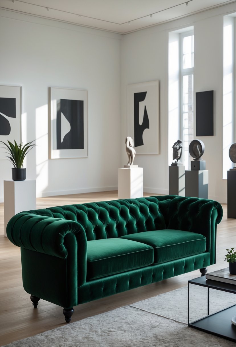 A dark green velvet tufted couch in a bright living room with white walls and modern art.