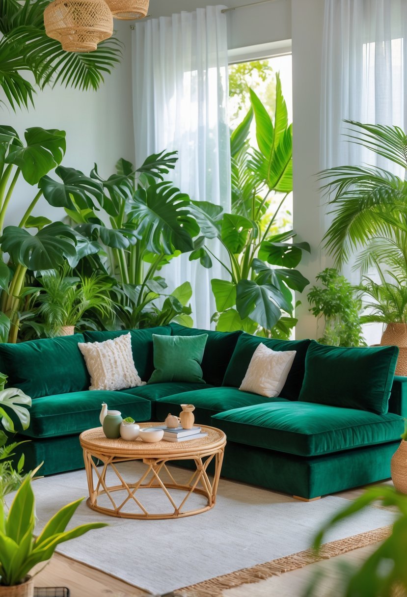 A green velvet sectional sofa surrounded by tropical plants in a bright living room.
