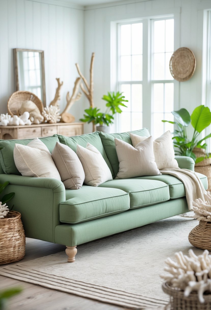 A living room with a sage green sofa surrounded by coastal decor and natural light.