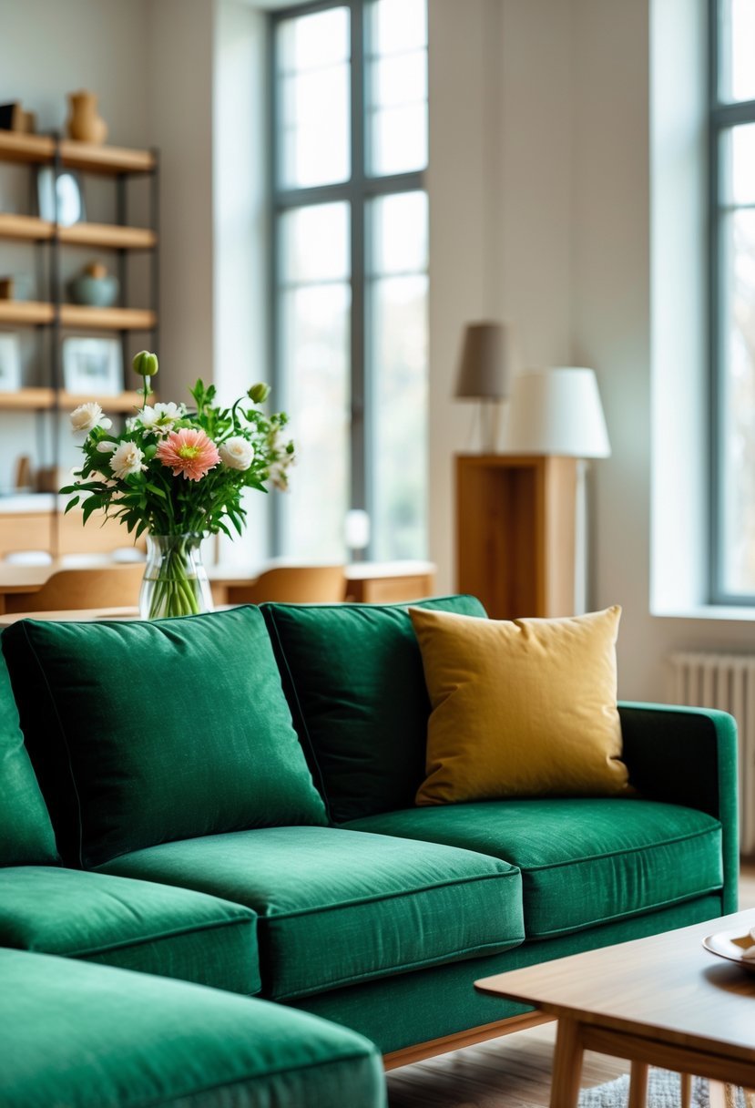 Living room with a deep green couch, warm wooden furniture, and fresh flowers on a table.