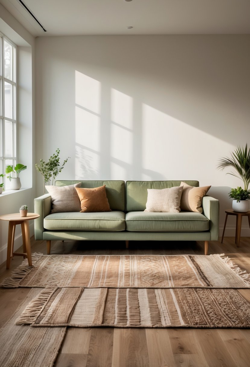 Living room with a muted green sofa and layered earth-tone rugs on a wooden floor.