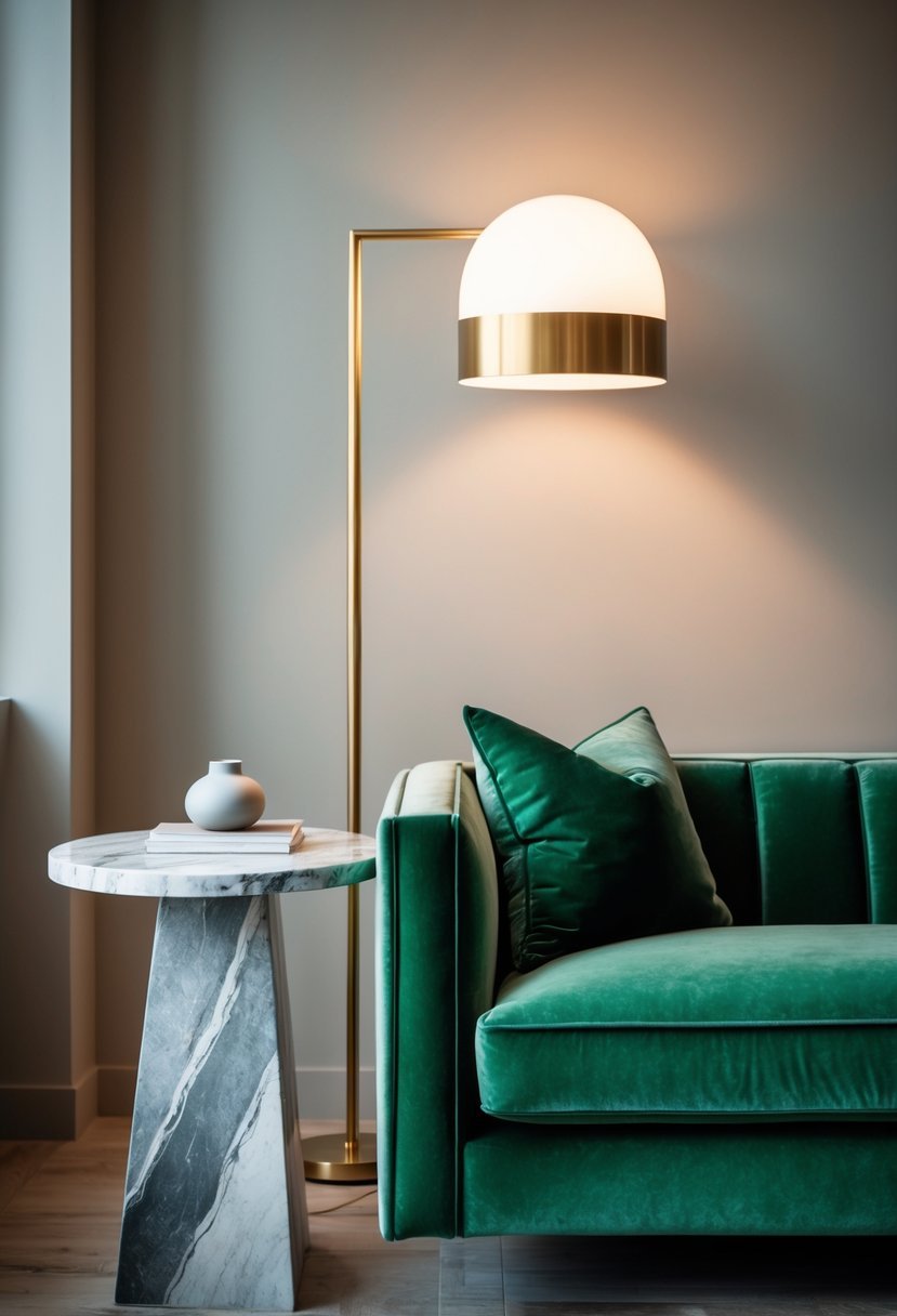 Living room with a green velvet couch, brass floor lamp, and marble side table.