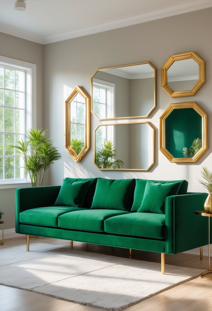 Living room with an emerald green couch and gold-framed mirrors on the wall.