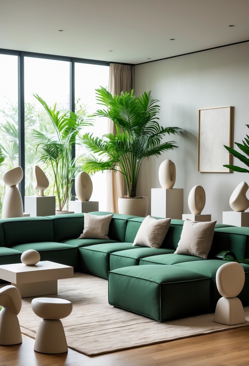 Living room with a green modular sofa and abstract sculptures arranged around it.
