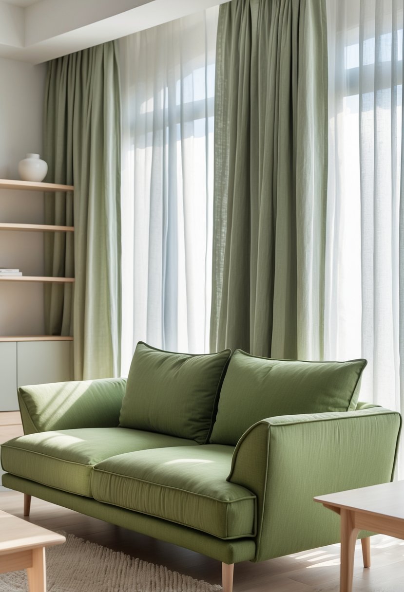 Living room with an olivine green sofa, linen curtains, and light-colored wooden furniture.
