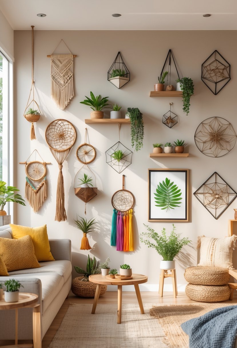 A bright living room wall decorated with a variety of woven hangings, shelves with plants, framed prints, and other decorative items arranged neatly.