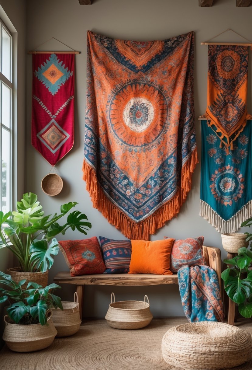 A bright room with colorful tapestries hanging on the wall, surrounded by plants and wooden furniture.