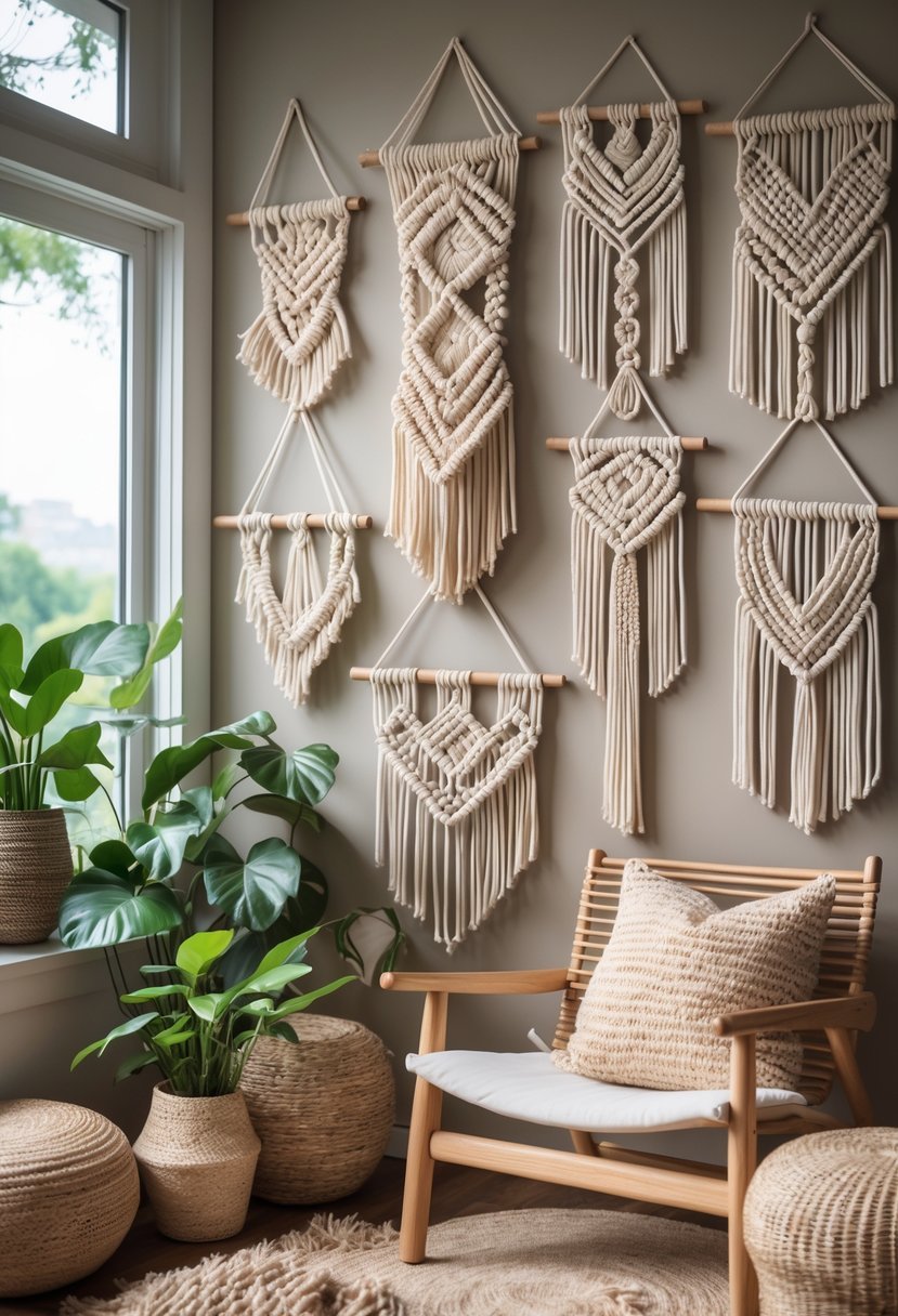 A cozy room wall decorated with several handcrafted macramé hangings surrounded by plants and wooden furniture.