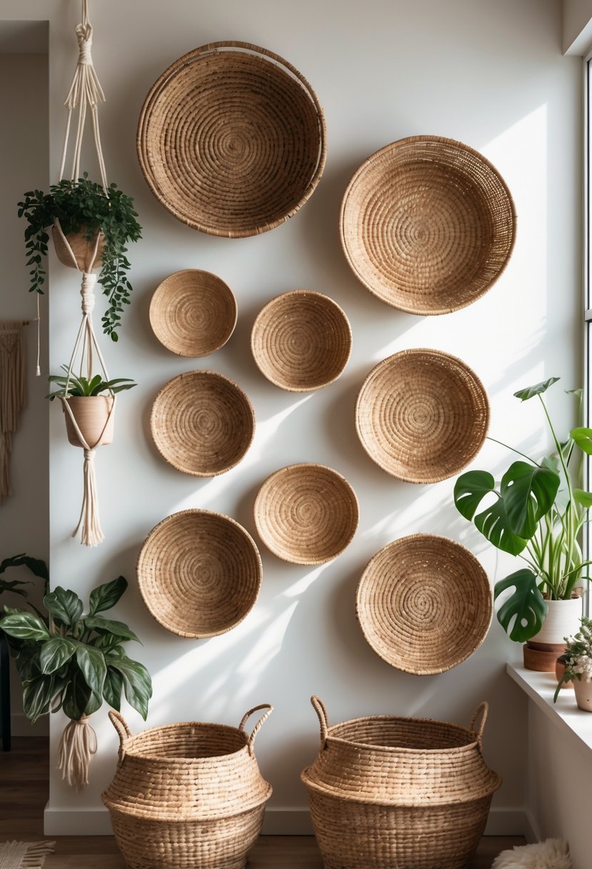 Interior wall decorated with various woven seagrass baskets arranged in a gallery style, accompanied by plants and wooden accents.