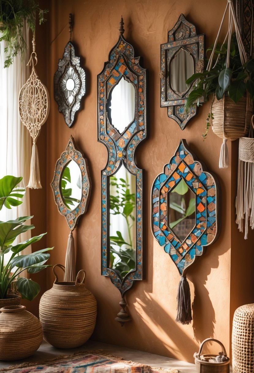 A wall decorated with several ornate vintage mirrors surrounded by plants and woven decor items in a cozy interior setting.