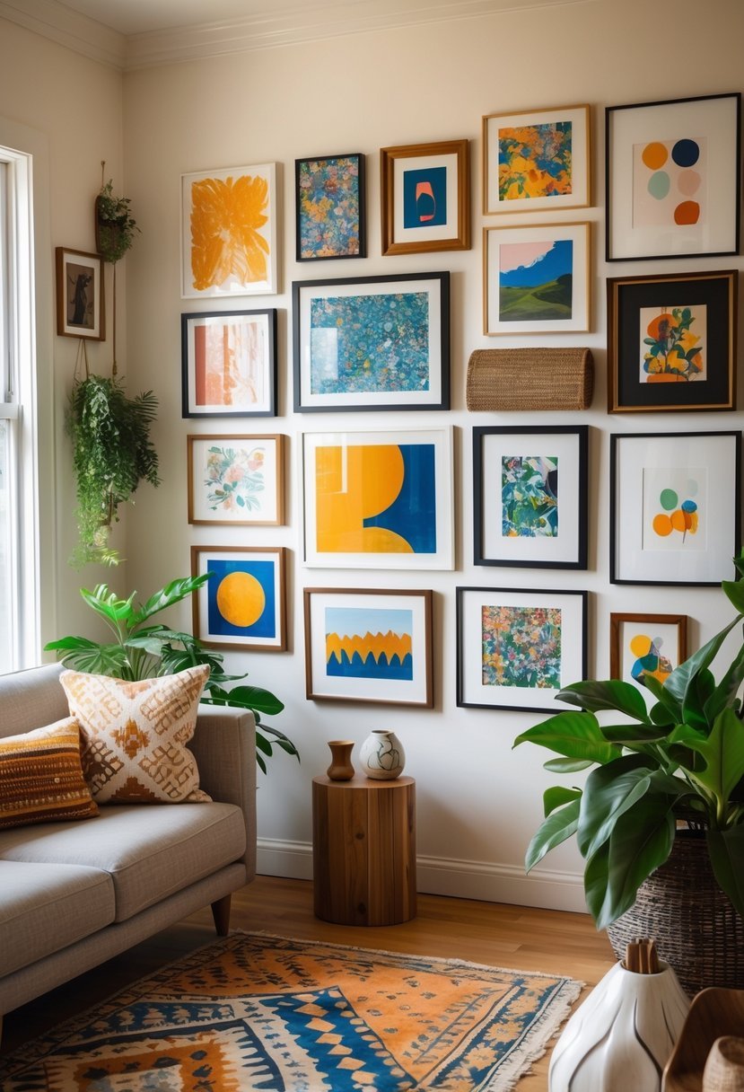 A cozy living room with a wall covered in various framed artworks arranged in layers, accompanied by a sofa, plants, and decorative objects.