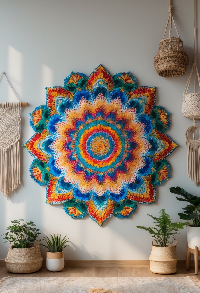 A colorful hand-painted mandala hanging on a wall surrounded by boho decor items like plants and woven baskets.