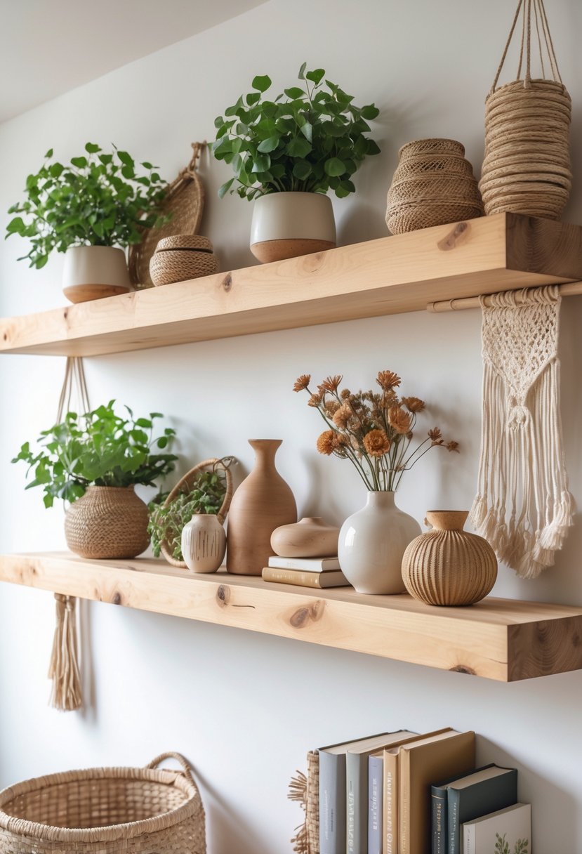 Natural wood floating shelves on a wall decorated with plants, woven baskets, vases, dried flowers, and books.