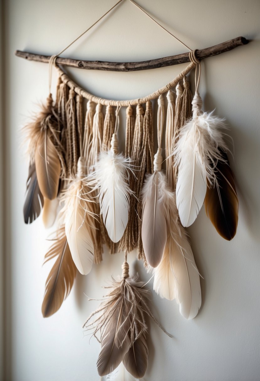 A close-up view of decorative feather tassels hanging on a wall in an artistic arrangement.