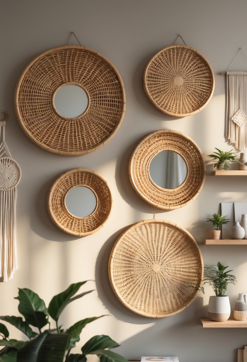 Interior wall decorated with several round rattan framed mirrors and small plants on shelves.
