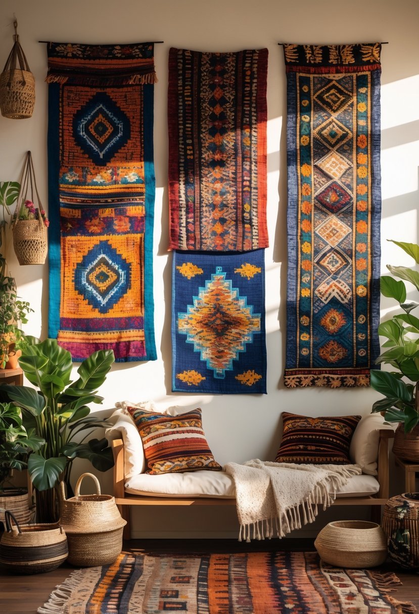 Interior wall decorated with colorful textile panels featuring ethnic patterns, surrounded by plants and wooden furniture.