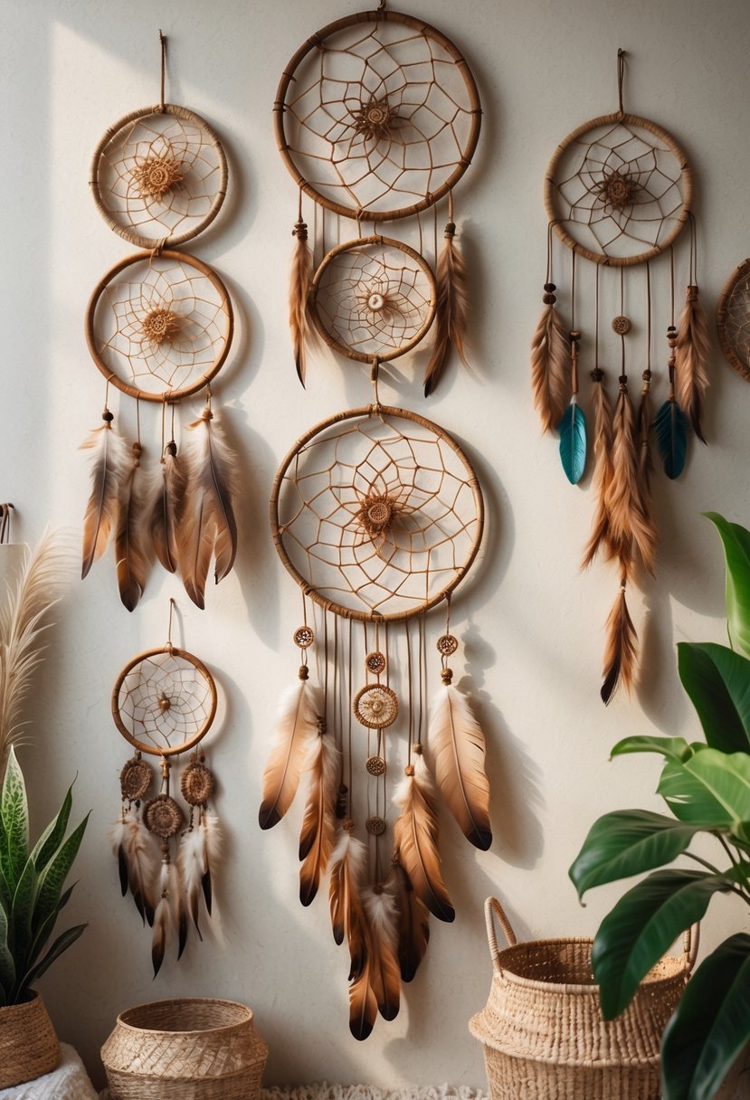 A wall decorated with several hanging dreamcatchers made of wood, feathers, and beads, with plants and woven baskets nearby.