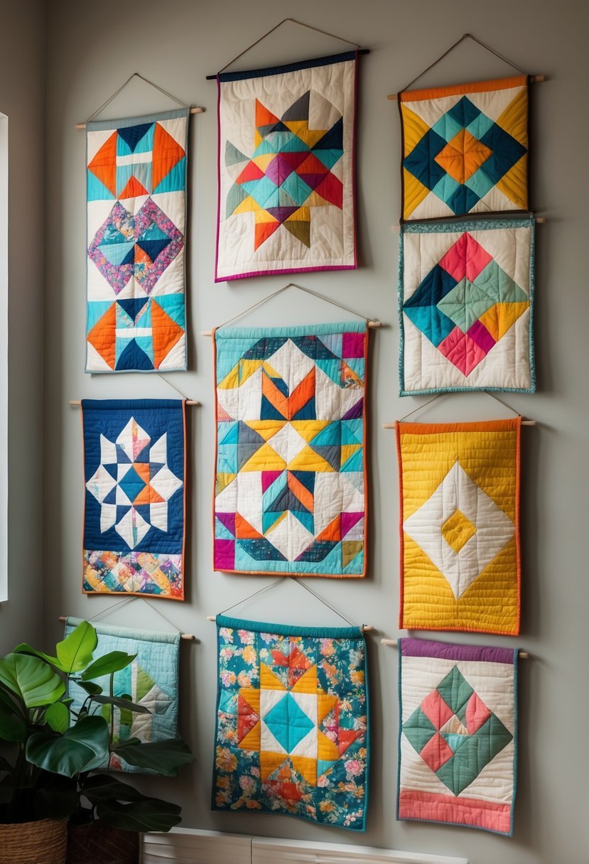 A collection of colorful patchwork quilted wall hangings displayed on a plain wall.