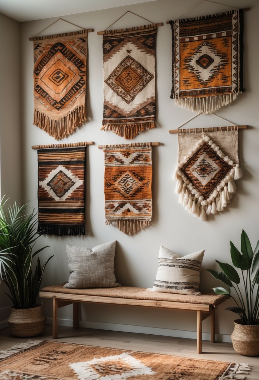 A cozy interior with multiple colorful woven rugs hanging on a wall, accompanied by simple furniture and plants.