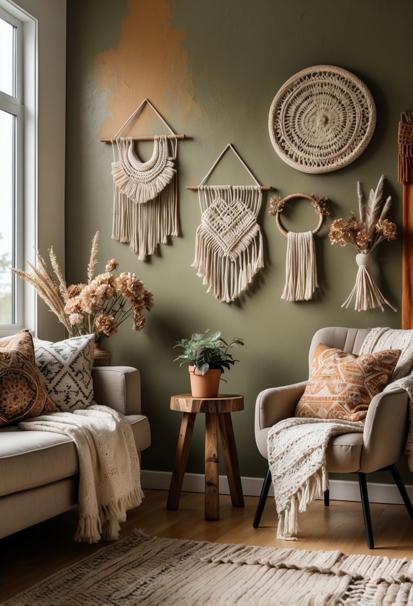 A cozy living room corner with olive and rust colored walls, decorated with woven wall hangings, plants, and wooden furniture.
