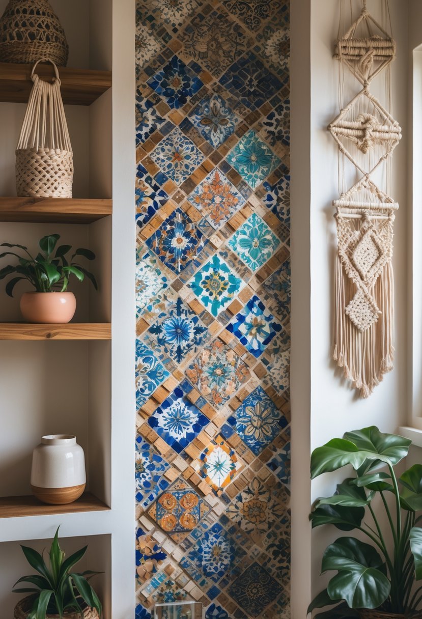 Interior wall decorated with colorful mosaic tile patterns and surrounding bohemian-style decor including plants and woven hangings.