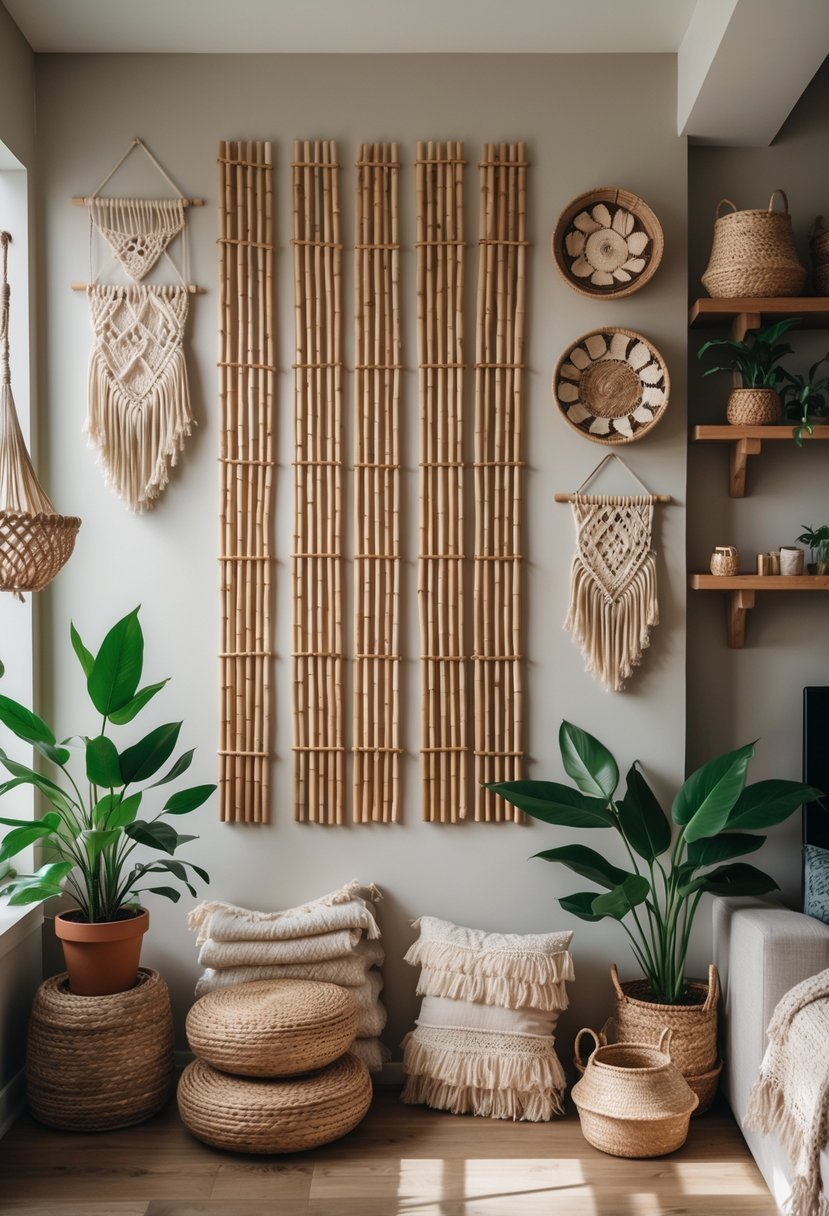 A living room wall decorated with bamboo grids, plants, and boho-style home accessories.
