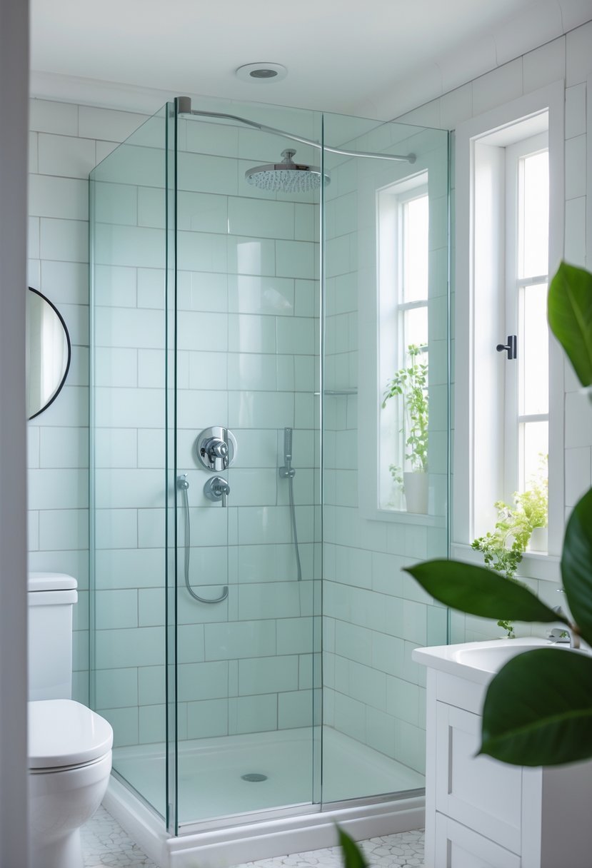 Small bathroom with frameless glass shower doors, white tiles, and a modern vanity with a round mirror.