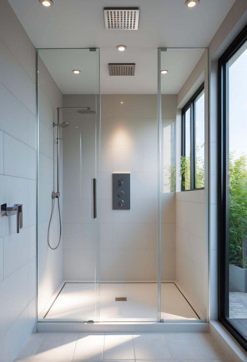 Small bathroom with a walk-in shower featuring a linear drain and glass panels.