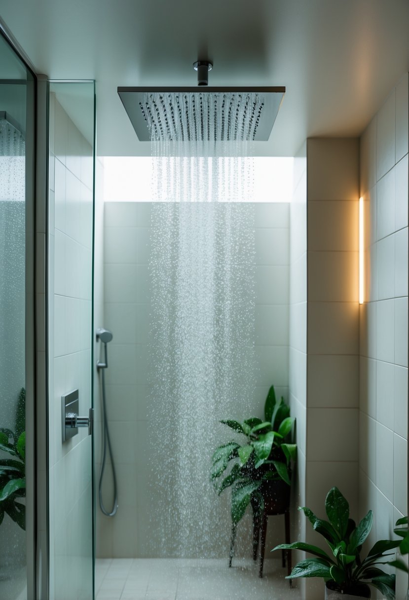 A small bathroom with a ceiling-mounted rainfall showerhead releasing water inside a glass shower enclosure.