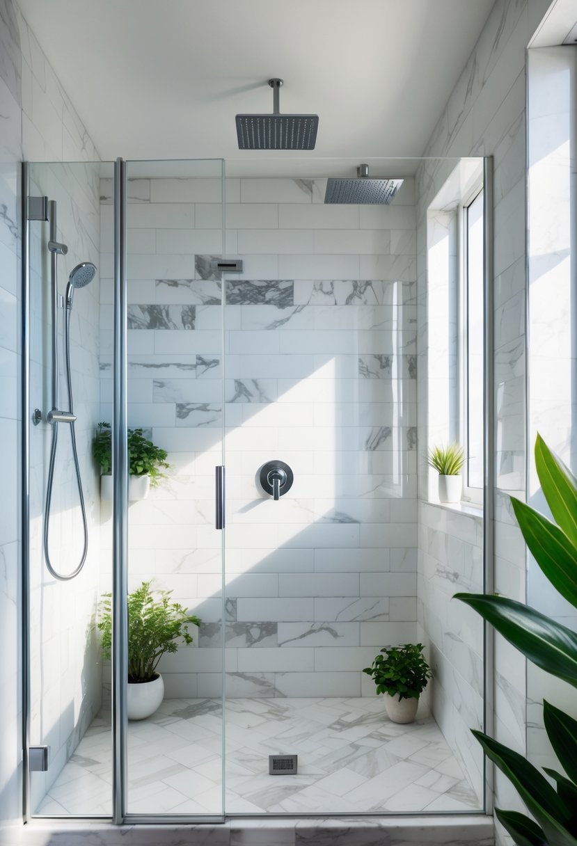 Small bathroom shower area with marble tile walls, glass doors, chrome fixtures, and small green plants.